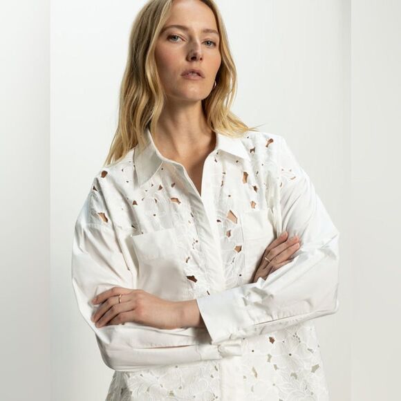 Sanctuary Lace Boyfriend Tie Back White Shirt | Size Small - Picture 7 of 13